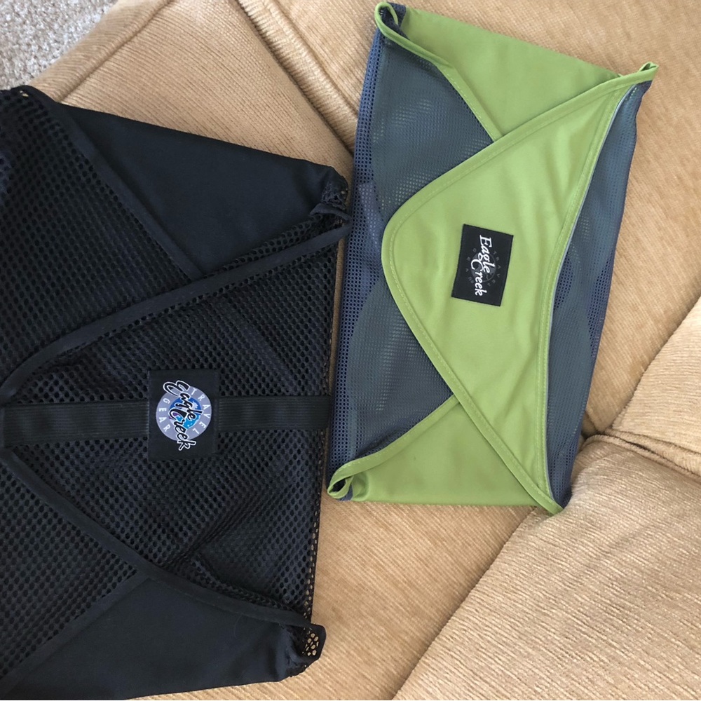 Green Travel Garment packing pouches  with Black Mesh Panels ..  two bags.